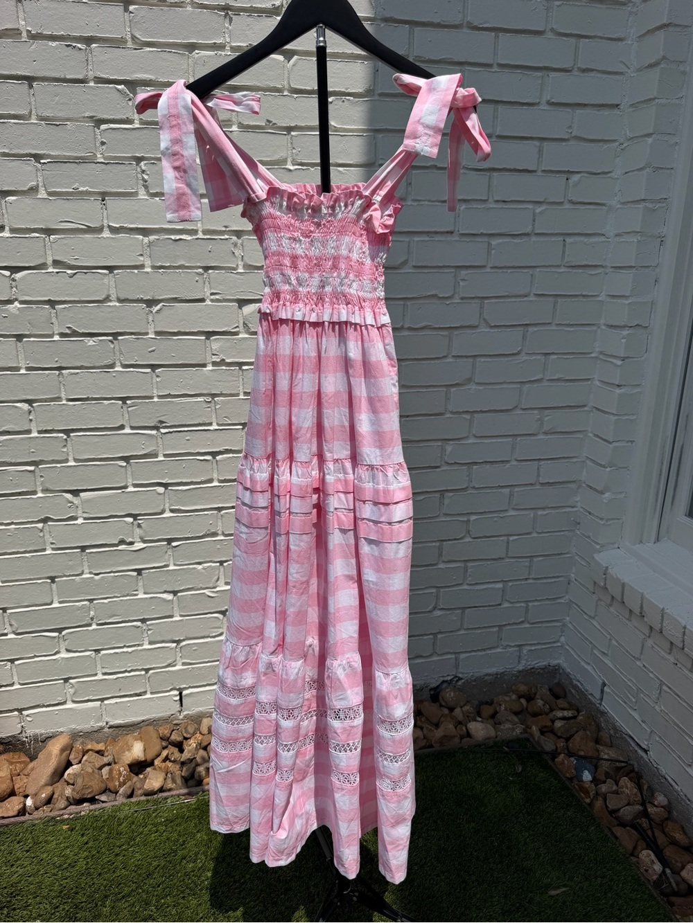 Mi Golondrina Pink & White Gingham Smocked Tiered Maxi Dress XS
